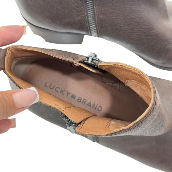 Lucky Brand Women Brown Leather Ankle Booties Size 9M Side Zipper Block Heels - Picture 5 of 16